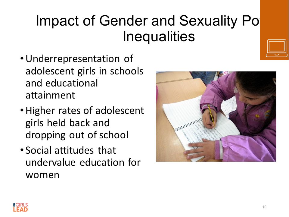 Impact of Gender and Sexuality Power Inequalities Underrepresentation of adolescent girls in schools and educational attainment Higher rates of adolescent girls held back and dropping out of school Social attitudes that undervalue education for women 10