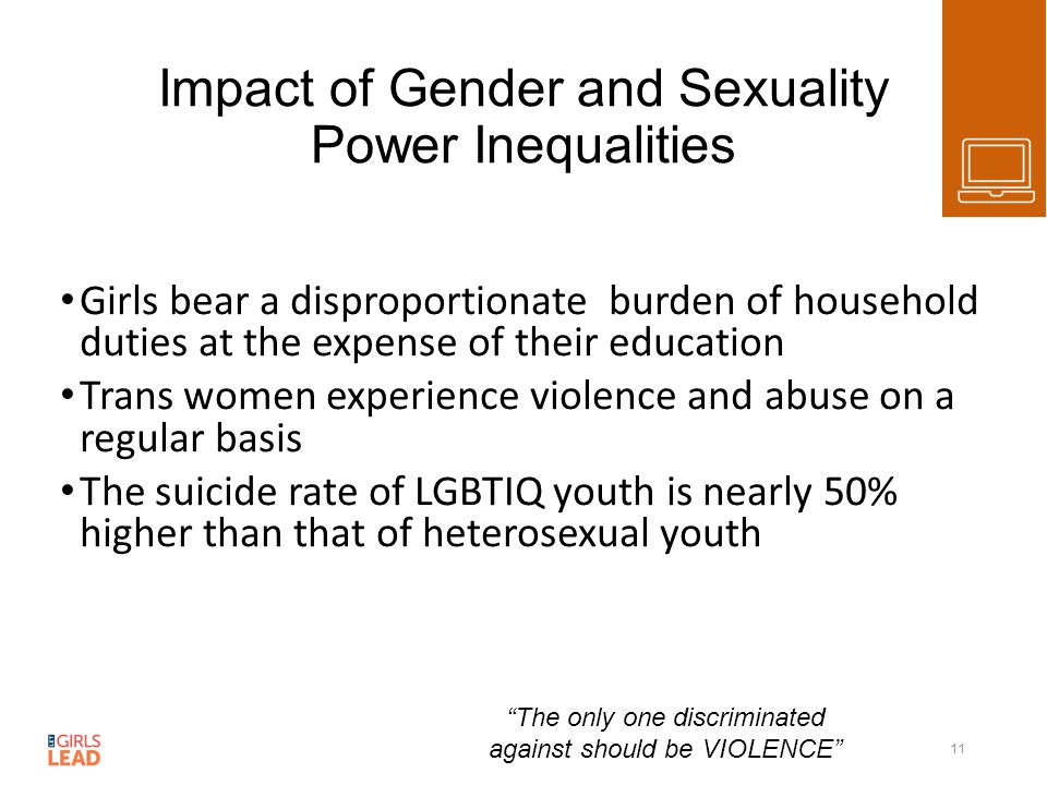 Impact of Gender and Sexuality Power Inequalities Girls bear a disproportionate burden of household duties at the expense of their education Trans women experience violence and abuse on a regular basis The suicide rate of LGBTIQ youth is nearly 50% higher than that of heterosexual youth 11 The only one discriminated against should be VIOLENCE