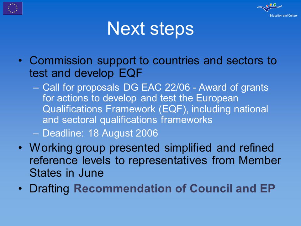 Next steps Commission support to countries and sectors to test and develop EQF –Call for proposals DG EAC 22/06 - Award of grants for actions to develop and test the European Qualifications Framework (EQF), including national and sectoral qualifications frameworks –Deadline: 18 August 2006 Working group presented simplified and refined reference levels to representatives from Member States in June Drafting Recommendation of Council and EP