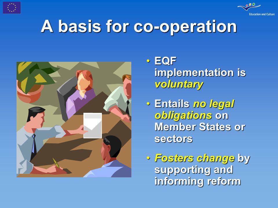 A basis for co-operation EQF implementation is voluntaryEQF implementation is voluntary Entails no legal obligations on Member States or sectorsEntails no legal obligations on Member States or sectors Fosters change by supporting and informing reformFosters change by supporting and informing reform