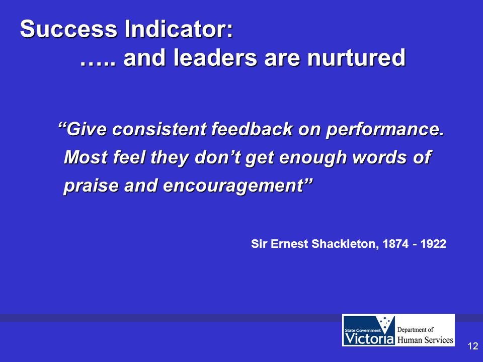 12 Success Indicator: ….. and leaders are nurtured Give consistent feedback on performance.