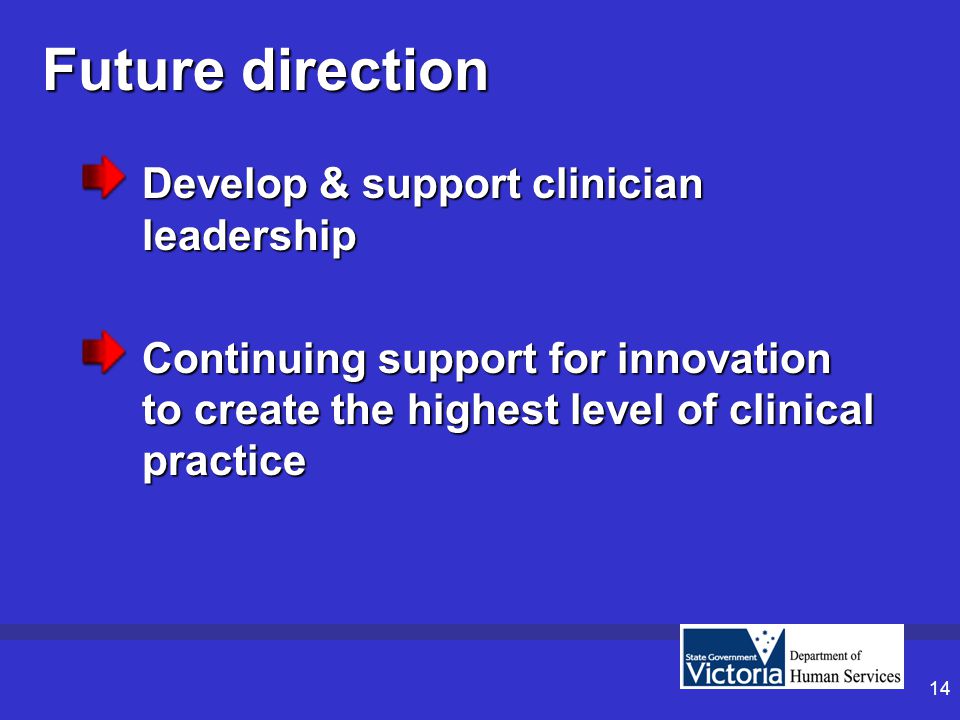 14 Future direction Develop & support clinician leadership Continuing support for innovation to create the highest level of clinical practice