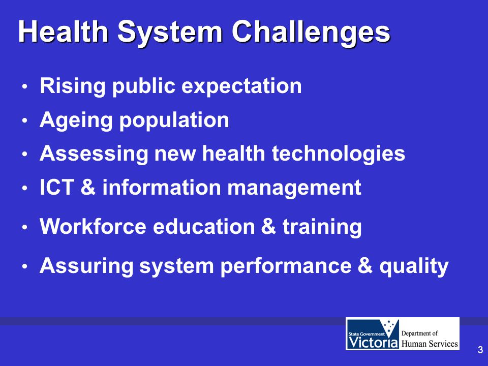 3 Health System Challenges Rising public expectation Ageing population Assessing new health technologies ICT & information management Workforce education & training Assuring system performance & quality