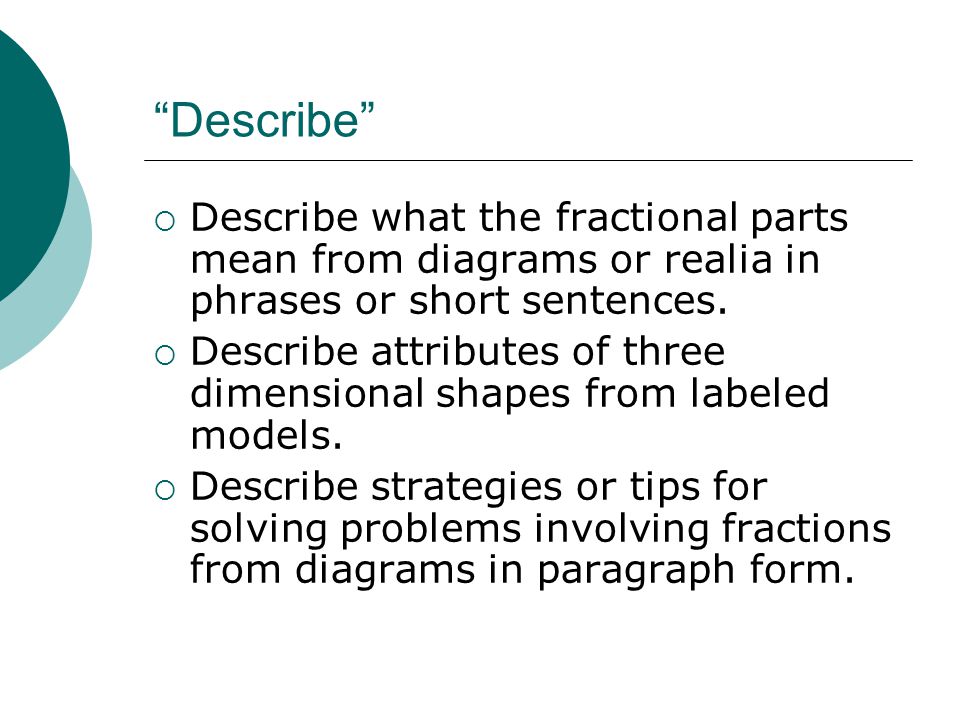Describe  Describe what the fractional parts mean from diagrams or realia in phrases or short sentences.