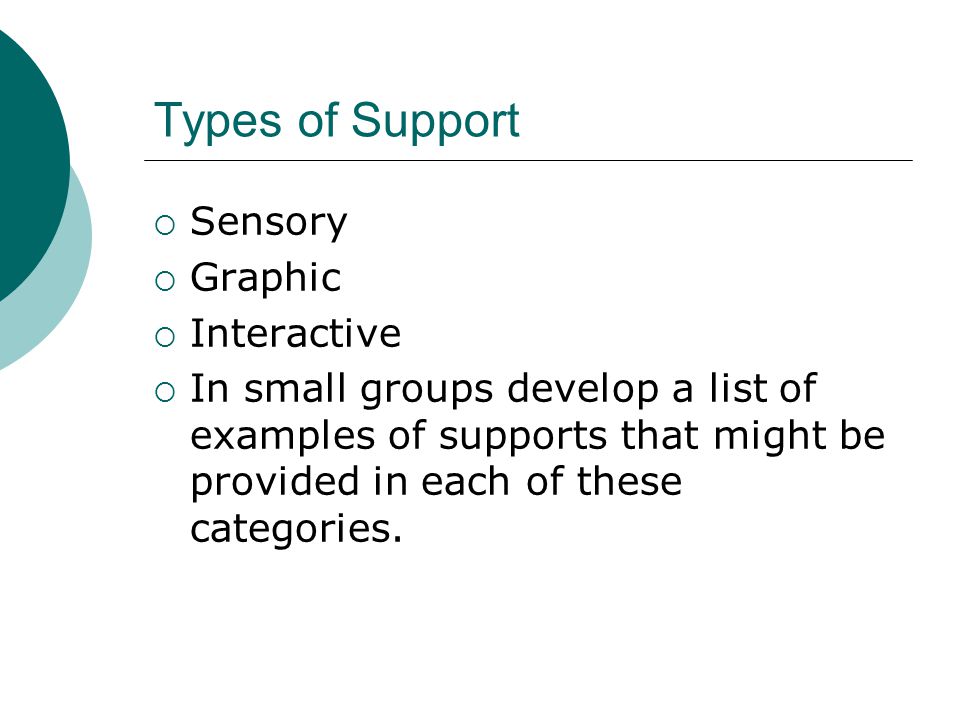 Types of Support  Sensory  Graphic  Interactive  In small groups develop a list of examples of supports that might be provided in each of these categories.