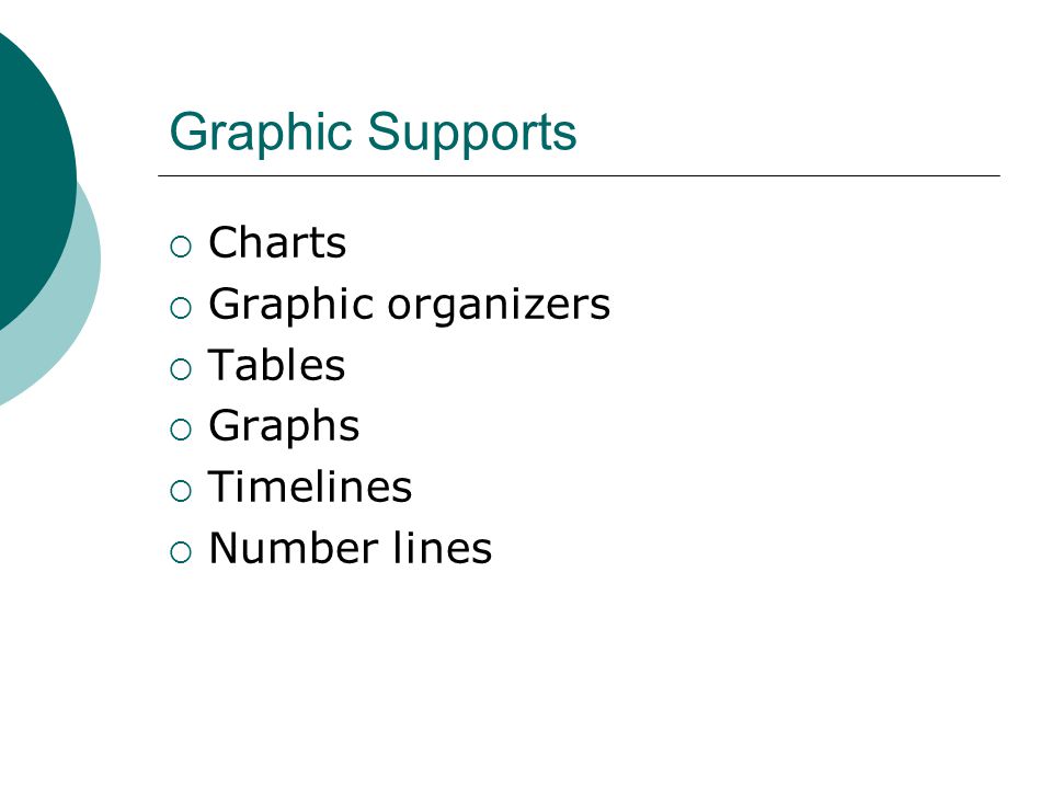 Graphic Supports  Charts  Graphic organizers  Tables  Graphs  Timelines  Number lines
