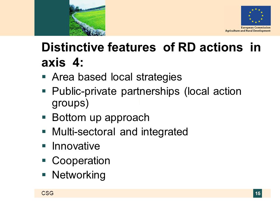 CSG 15 Distinctive features of RD actions in axis 4:  Area based local strategies  Public-private partnerships (local action groups)  Bottom up approach  Multi-sectoral and integrated  Innovative  Cooperation  Networking