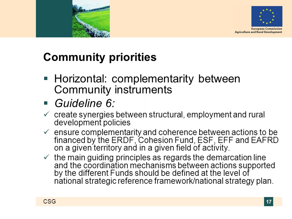 CSG 17 Community priorities  Horizontal: complementarity between Community instruments  Guideline 6: create synergies between structural, employment and rural development policies ensure complementarity and coherence between actions to be financed by the ERDF, Cohesion Fund, ESF, EFF and EAFRD on a given territory and in a given field of activity.