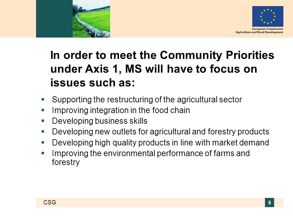 CSG 5 In order to meet the Community Priorities under Axis 1, MS will have to focus on issues such as:  Supporting the restructuring of the agricultural sector  Improving integration in the food chain  Developing business skills  Developing new outlets for agricultural and forestry products  Developing high quality products in line with market demand  Improving the environmental performance of farms and forestry