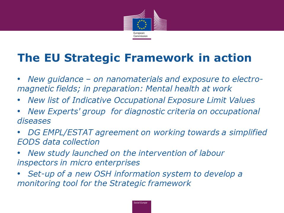 The EU Strategic Framework in action New guidance – on nanomaterials and exposure to electro- magnetic fields; in preparation: Mental health at work New list of Indicative Occupational Exposure Limit Values New Experts group for diagnostic criteria on occupational diseases DG EMPL/ESTAT agreement on working towards a simplified EODS data collection New study launched on the intervention of labour inspectors in micro enterprises Set-up of a new OSH information system to develop a monitoring tool for the Strategic framework