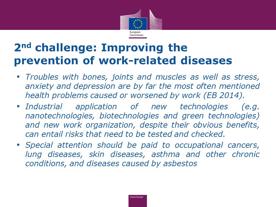 2 nd challenge: Improving the prevention of work-related diseases Troubles with bones, joints and muscles as well as stress, anxiety and depression are by far the most often mentioned health problems caused or worsened by work (EB 2014).