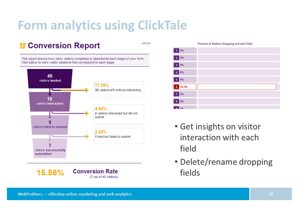 WebProfiters — effective online marketing and web analytics Form analytics using ClickTale 20 Get insights on visitor interaction with each field Delete/rename dropping fields