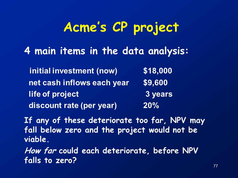77 Acme’s CP project 4 main items in the data analysis: initial investment (now)$18,000 net cash inflows each year$9,600 life of project 3 years discount rate (per year)20% If any of these deteriorate too far, NPV may fall below zero and the project would not be viable.