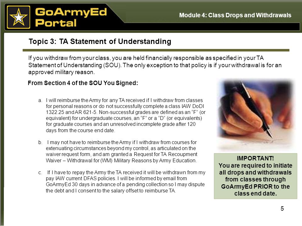 5 Topic 3: TA Statement of Understanding If you withdraw from your class, you are held financially responsible as specified in your TA Statement of Understanding (SOU).