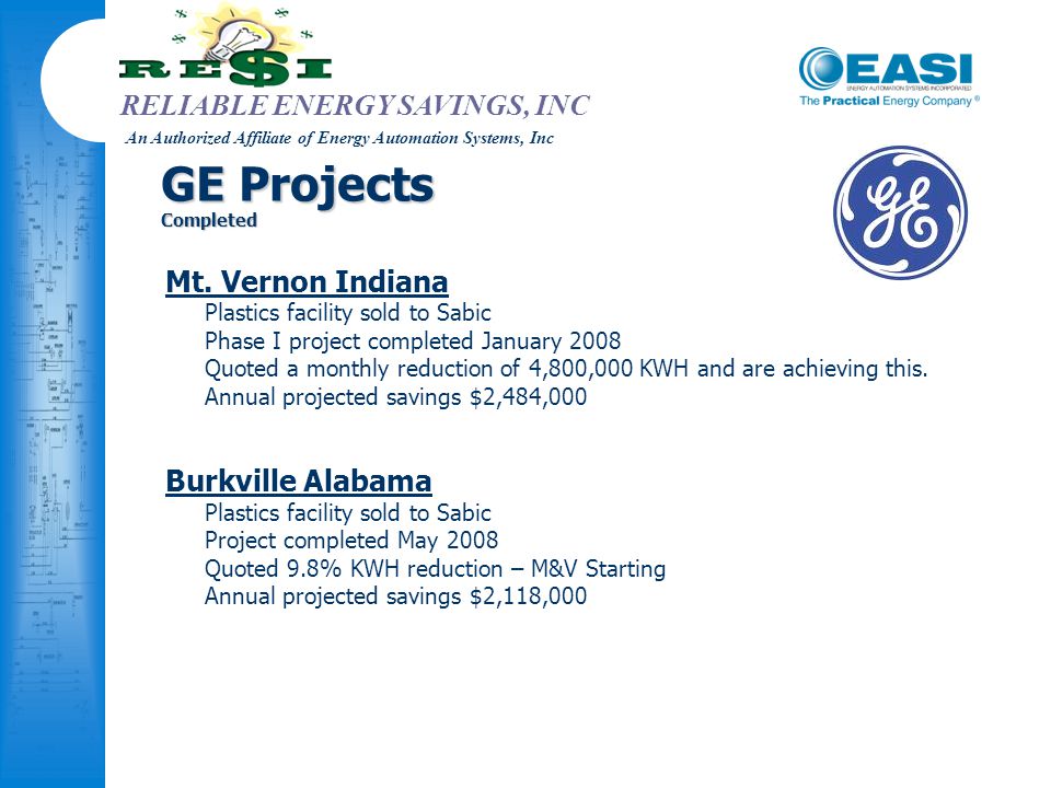 RELIABLE ENERGY SAVINGS, INC An Authorized Affiliate of Energy Automation Systems, Inc GE Projects Completed Mt.