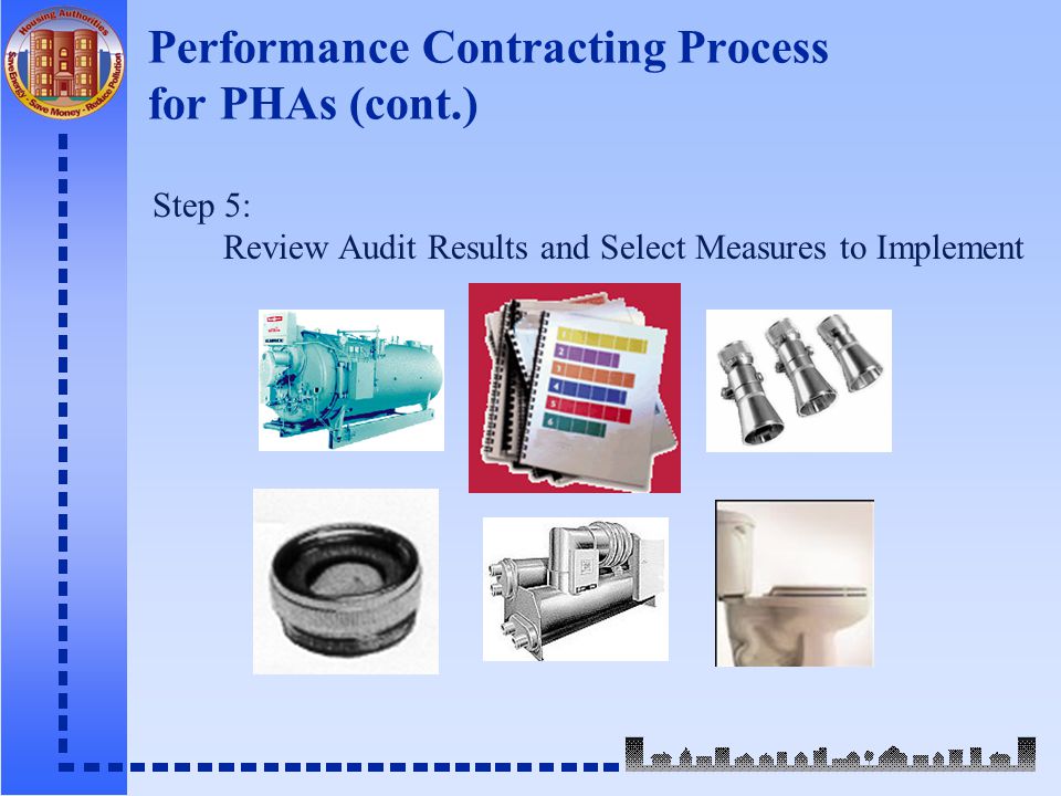 Performance Contracting Process for PHAs (cont.) Step 5: Review Audit Results and Select Measures to Implement