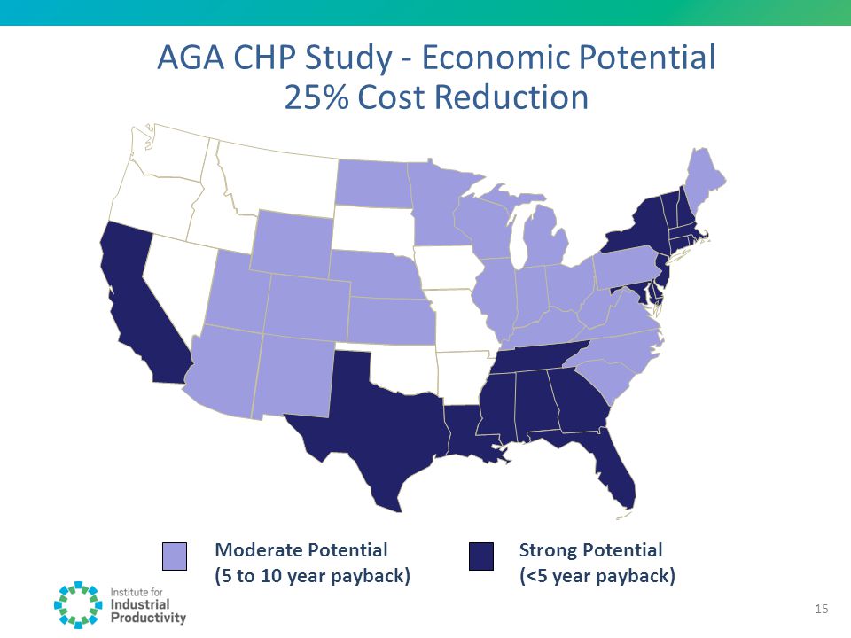 AGA CHP Study - Economic Potential 25% Cost Reduction Moderate Potential (5 to 10 year payback) Strong Potential (<5 year payback) 15
