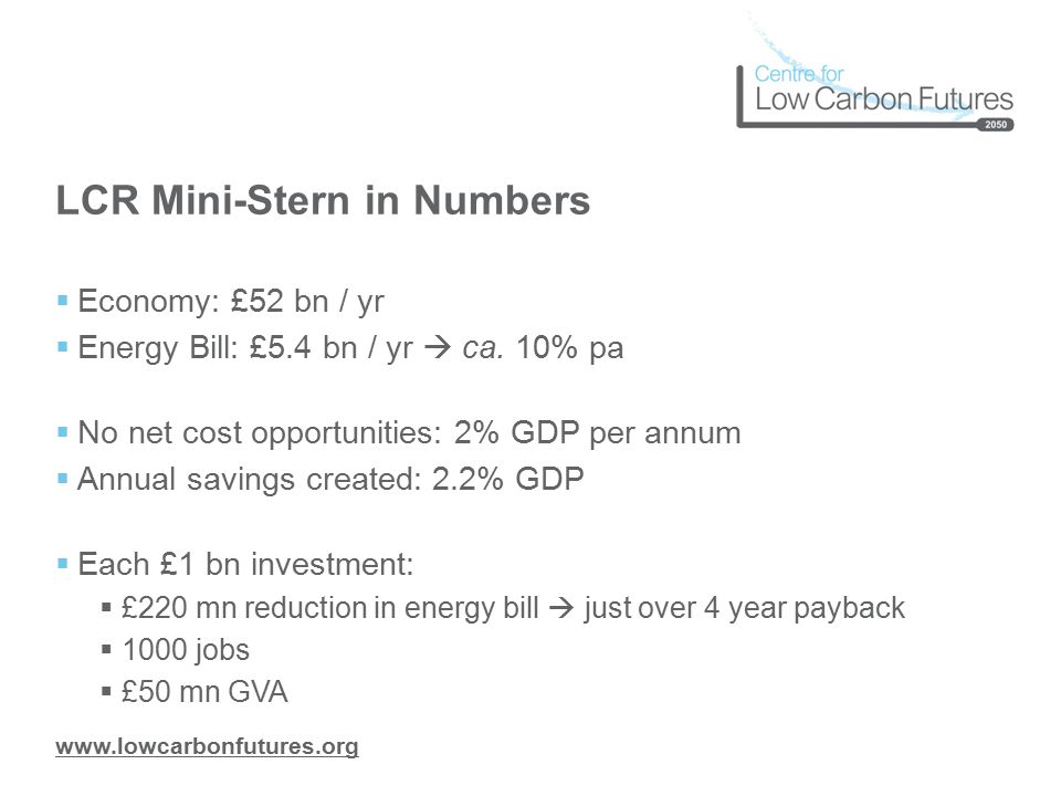 LCR Mini-Stern in Numbers  Economy: £52 bn / yr  Energy Bill: £5.4 bn / yr  ca.