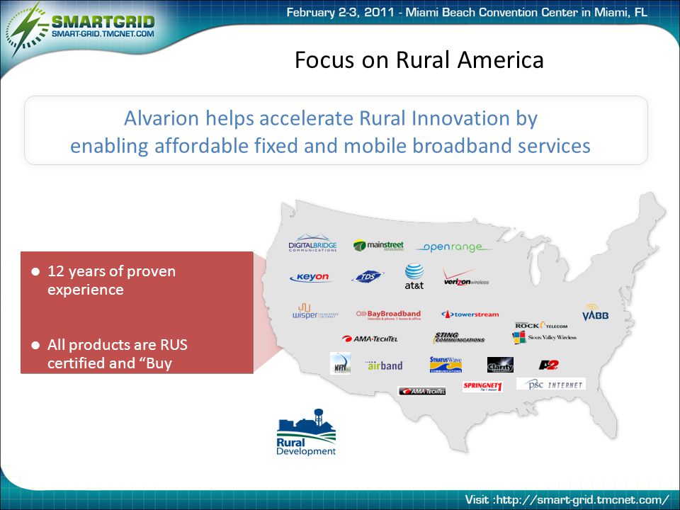 12 years of proven experience All products are RUS certified and Buy American approved Focus on Rural America Alvarion helps accelerate Rural Innovation by enabling affordable fixed and mobile broadband services