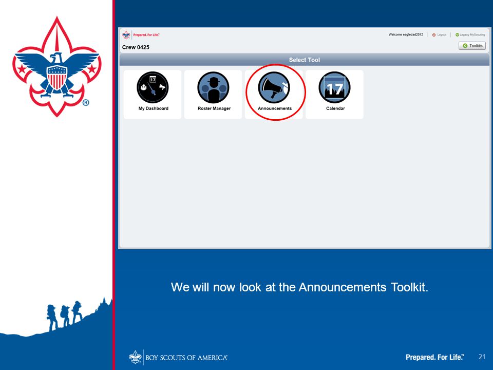 21 We will now look at the Announcements Toolkit.