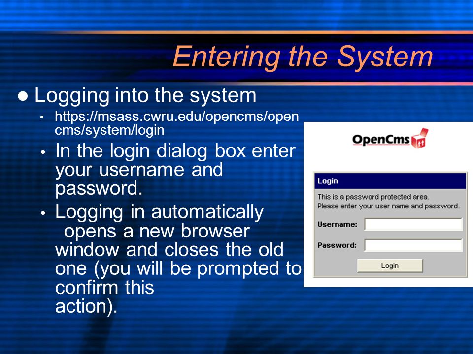 Entering the System Logging into the system   cms/system/login In the login dialog box enter your username and password.