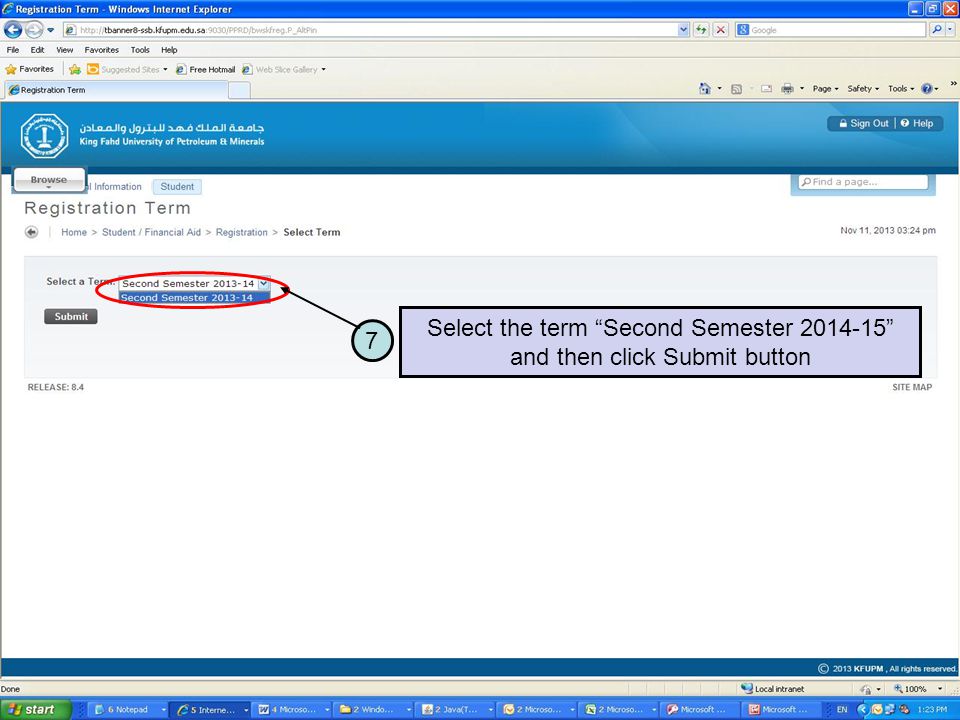 7 Select the term Second Semester and then click Submit button