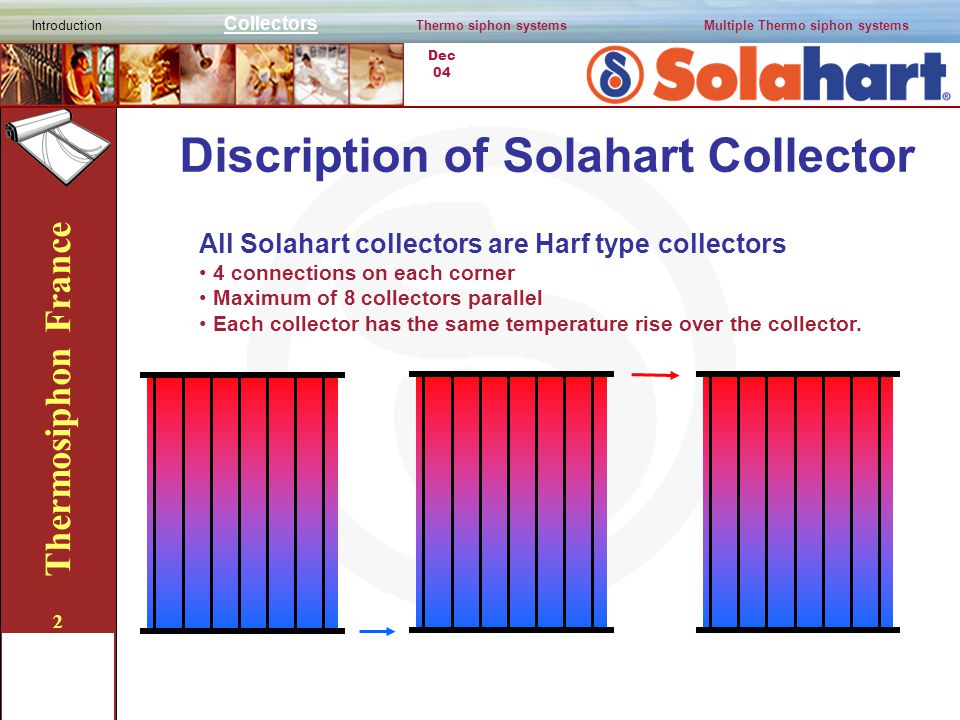 Dec 04 Thermosiphon France 2 Introduction Collectors Thermo siphon systemsMultiple Thermo siphon systems All Solahart collectors are Harf type collectors 4 connections on each corner Maximum of 8 collectors parallel Each collector has the same temperature rise over the collector.