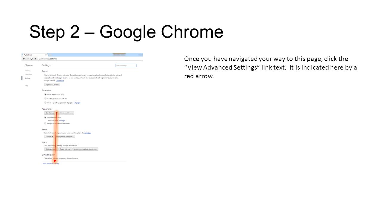 Step 2 – Google Chrome Once you have navigated your way to this page, click the View Advanced Settings link text.