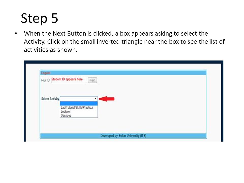 Step 5 When the Next Button is clicked, a box appears asking to select the Activity.