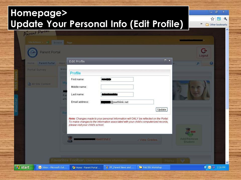 Homepage> Update Your Personal Info (Edit Profile)