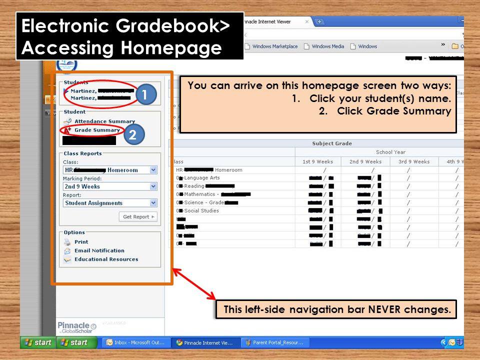 Electronic Gradebook> Accessing Homepage You can arrive on this homepage screen two ways: 1.Click your student(s) name.