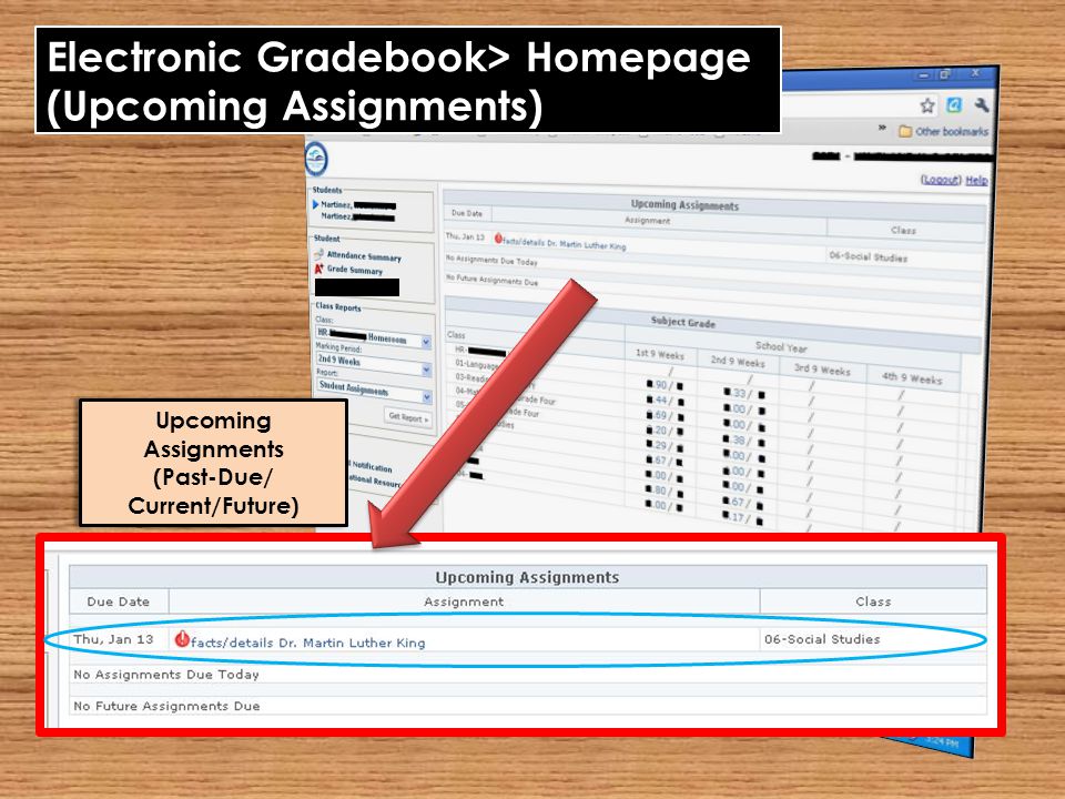 Electronic Gradebook> Homepage (Upcoming Assignments) Upcoming Assignments (Past-Due/ Current/Future) Upcoming Assignments (Past-Due/ Current/Future)