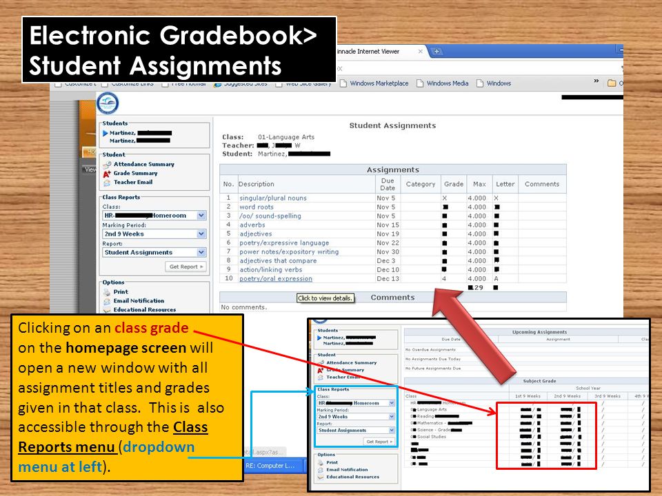 Electronic Gradebook> Student Assignments Clicking on an class grade on the homepage screen will open a new window with all assignment titles and grades given in that class.