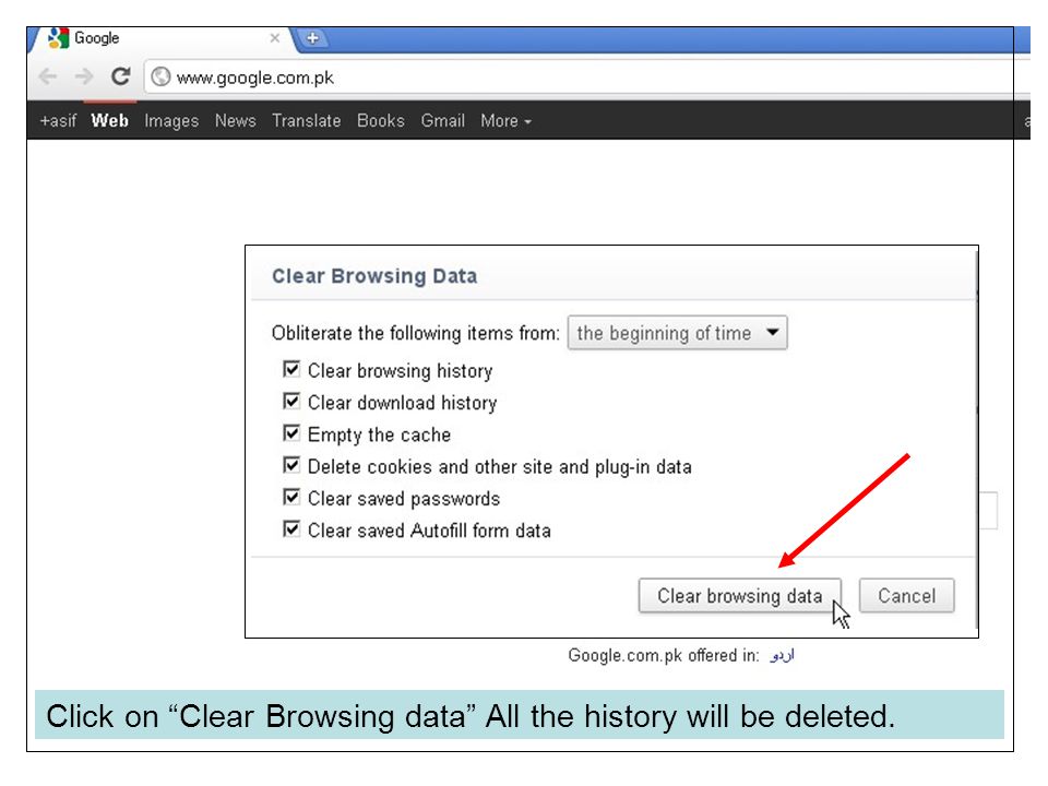 Click on Clear Browsing data All the history will be deleted.