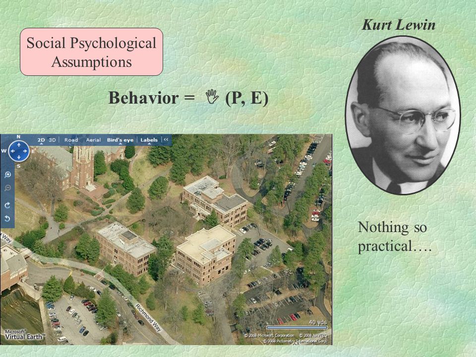 Social Psychological Assumptions Behavior =  (P, E) Kurt Lewin Nothing so practical….