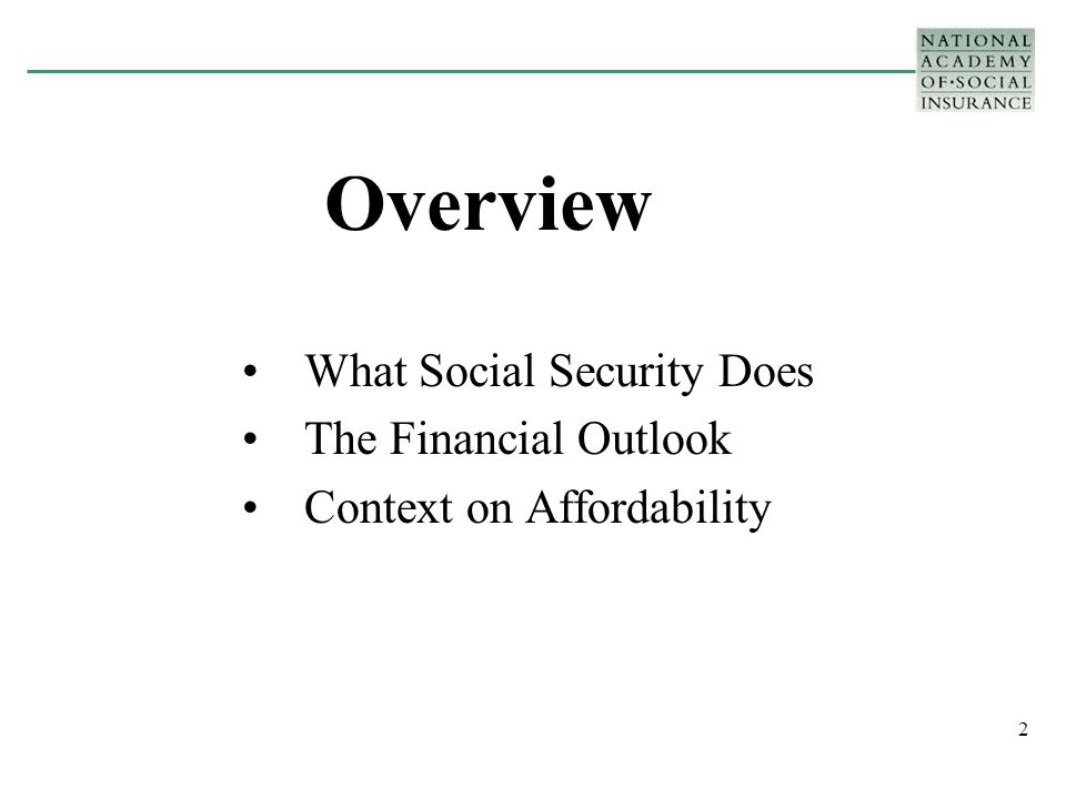 2 Overview What Social Security Does The Financial Outlook Context on Affordability