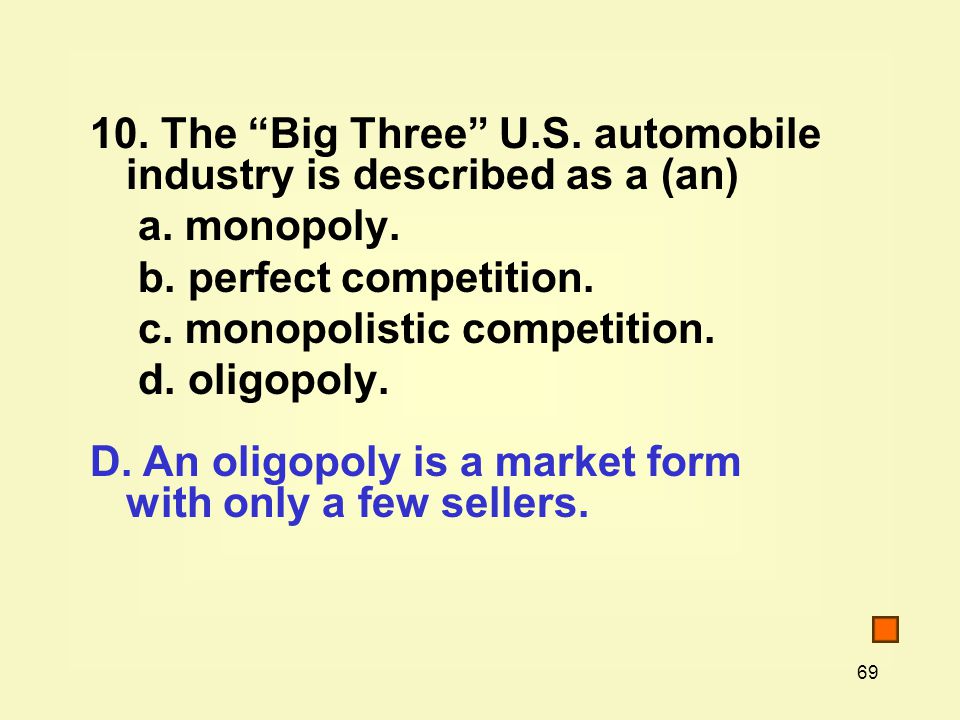 The Big Three U.S. automobile industry is described as a (an) a.