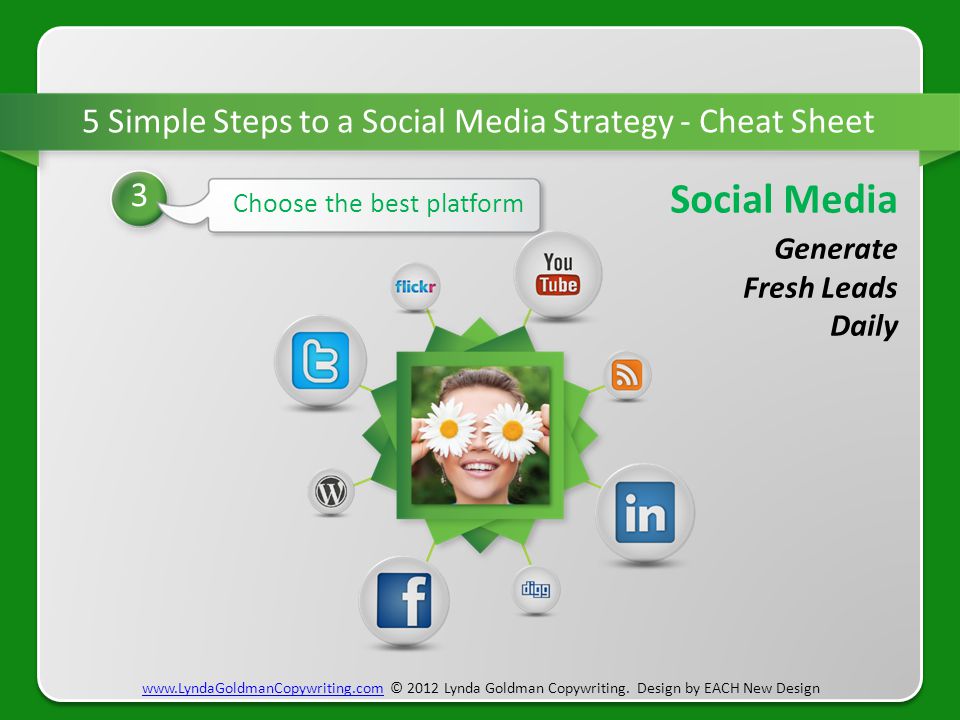 5 Step 5 Simple Steps to a Social Media Strategy - Cheat Sheet 3 Choose the best platform   © 2012 Lynda Goldman Copywriting.