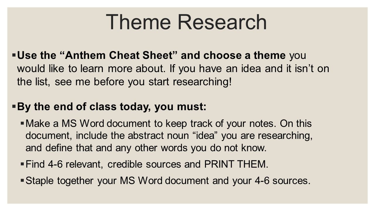 ANTHEM SYNTHESIS TIMED WRITE. DAY 25 - RESEARCH Theme / Thesis