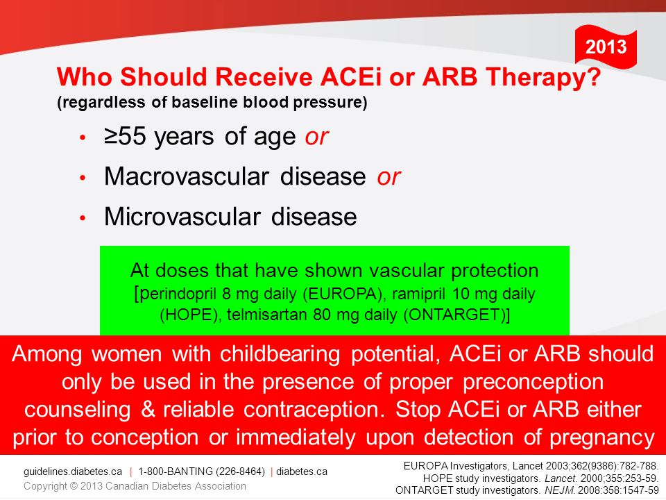 guidelines.diabetes.ca | BANTING ( ) | diabetes.ca Copyright © 2013 Canadian Diabetes Association Who Should Receive ACEi or ARB Therapy.