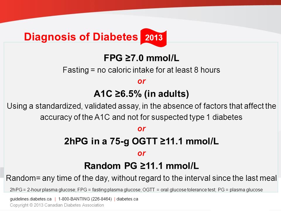 guidelines.diabetes.ca | BANTING ( ) | diabetes.ca Copyright © 2013 Canadian Diabetes Association FPG ≥7.0 mmol/L Fasting = no caloric intake for at least 8 hours or A1C ≥6.5% (in adults) Using a standardized, validated assay, in the absence of factors that affect the accuracy of the A1C and not for suspected type 1 diabetes or 2hPG in a 75-g OGTT ≥11.1 mmol/L or Random PG ≥11.1 mmol/L Random= any time of the day, without regard to the interval since the last meal 2hPG = 2-hour plasma glucose; FPG = fasting plasma glucose; OGTT = oral glucose tolerance test; PG = plasma glucose Diagnosis of Diabetes 2013