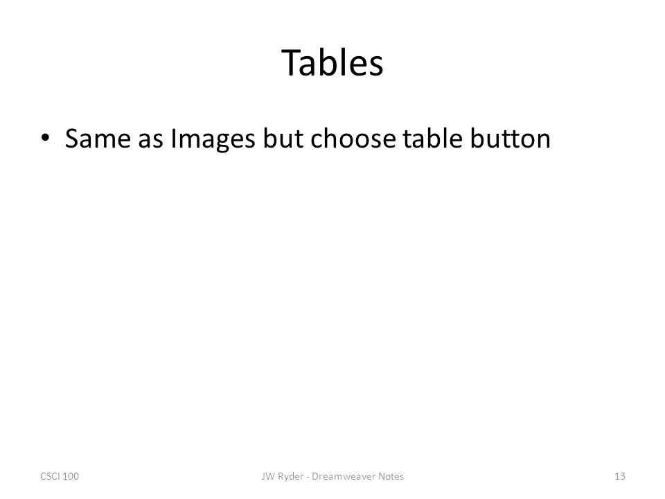 CSCI 10013JW Ryder - Dreamweaver Notes Tables Same as Images but choose table button