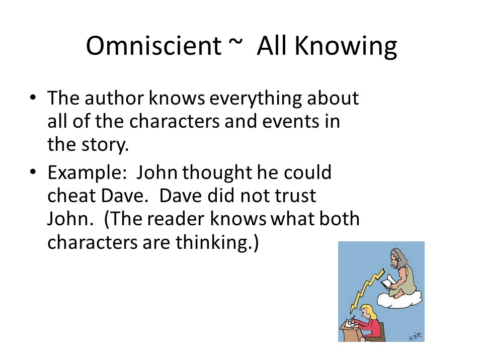 Omniscient ~ All Knowing The author knows everything about all of the characters and events in the story.