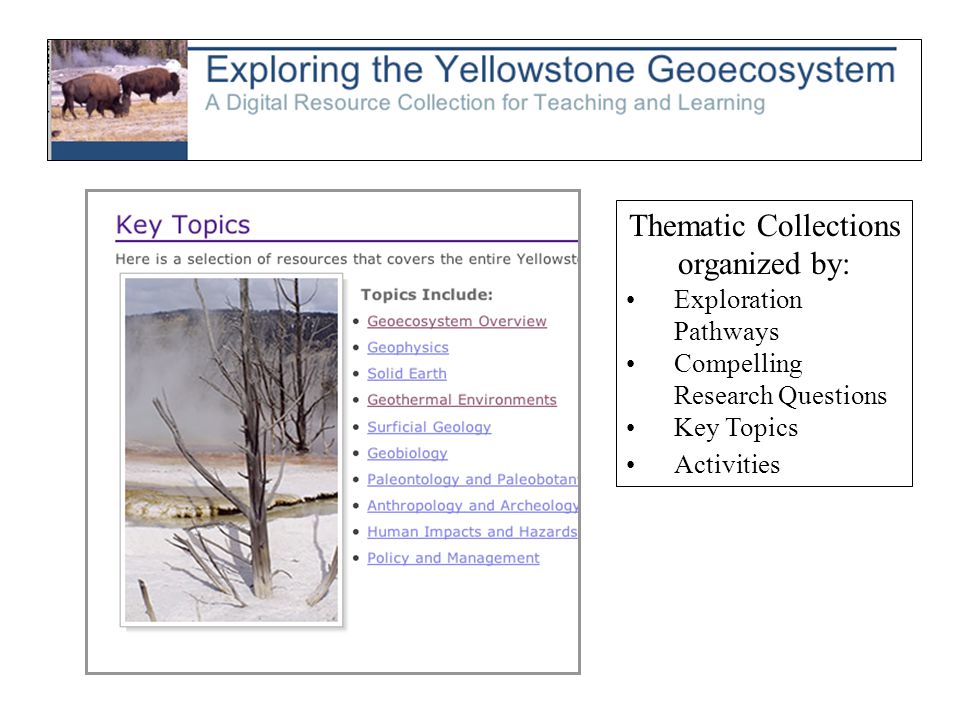 Thematic Collections organized by: Exploration Pathways Compelling Research Questions Key Topics Activities
