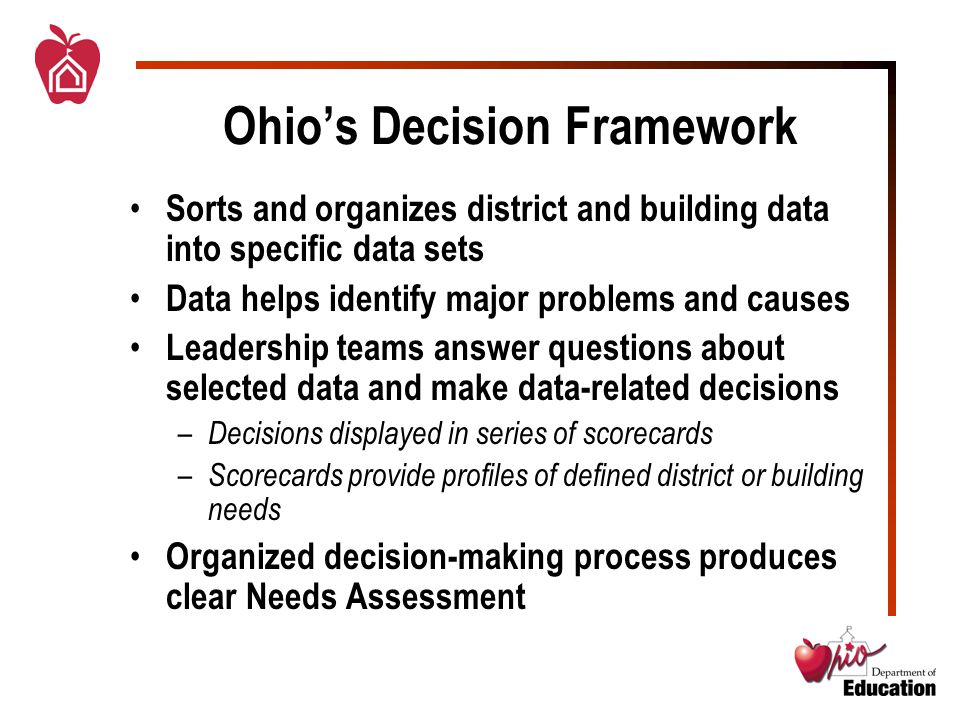 Ohio’s Decision Framework Sorts and organizes district and building data into specific data sets Data helps identify major problems and causes Leadership teams answer questions about selected data and make data-related decisions – Decisions displayed in series of scorecards – Scorecards provide profiles of defined district or building needs Organized decision-making process produces clear Needs Assessment