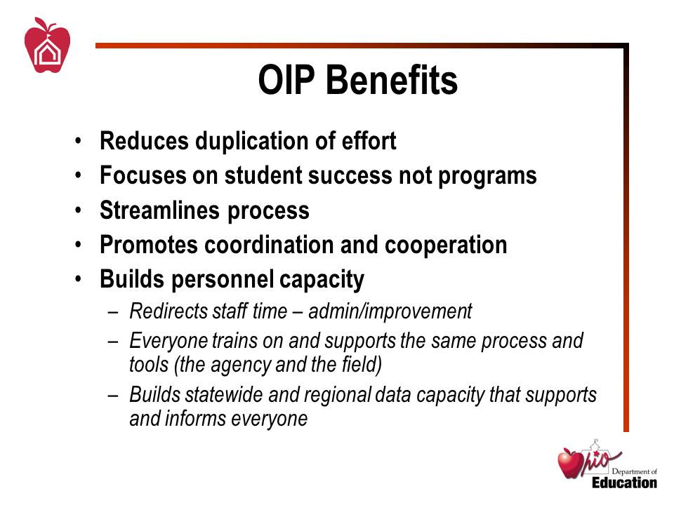 OIP Benefits Reduces duplication of effort Focuses on student success not programs Streamlines process Promotes coordination and cooperation Builds personnel capacity – Redirects staff time – admin/improvement – Everyone trains on and supports the same process and tools (the agency and the field) – Builds statewide and regional data capacity that supports and informs everyone