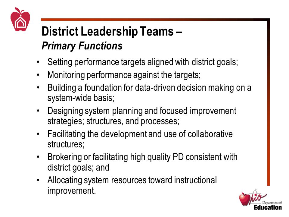 District Leadership Teams – Primary Functions Setting performance targets aligned with district goals; Monitoring performance against the targets; Building a foundation for data-driven decision making on a system-wide basis; Designing system planning and focused improvement strategies; structures, and processes; Facilitating the development and use of collaborative structures; Brokering or facilitating high quality PD consistent with district goals; and Allocating system resources toward instructional improvement.