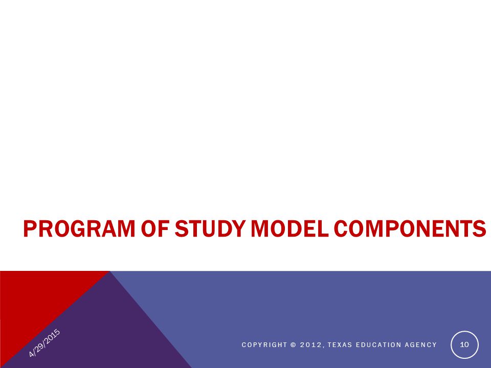 4/29/2015 COPYRIGHT © 2012, TEXAS EDUCATION AGENCY 10 PROGRAM OF STUDY MODEL COMPONENTS