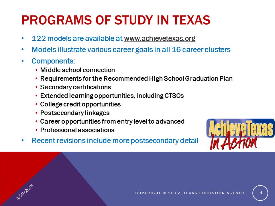 PROGRAMS OF STUDY IN TEXAS 122 models are available at   Models illustrate various career goals in all 16 career clusters Components: Middle school connection Requirements for the Recommended High School Graduation Plan Secondary certifications Extended learning opportunities, including CTSOs College credit opportunities Postsecondary linkages Career opportunities from entry level to advanced Professional associations Recent revisions include more postsecondary detail 4/29/2015 COPYRIGHT © 2012, TEXAS EDUCATION AGENCY 11