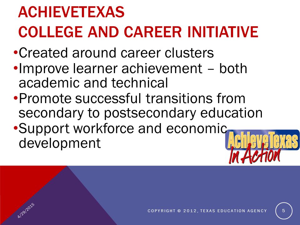 Created around career clusters Improve learner achievement – both academic and technical Promote successful transitions from secondary to postsecondary education Support workforce and economic development 4/29/2015 COPYRIGHT © 2012, TEXAS EDUCATION AGENCY 5 ACHIEVETEXAS COLLEGE AND CAREER INITIATIVE